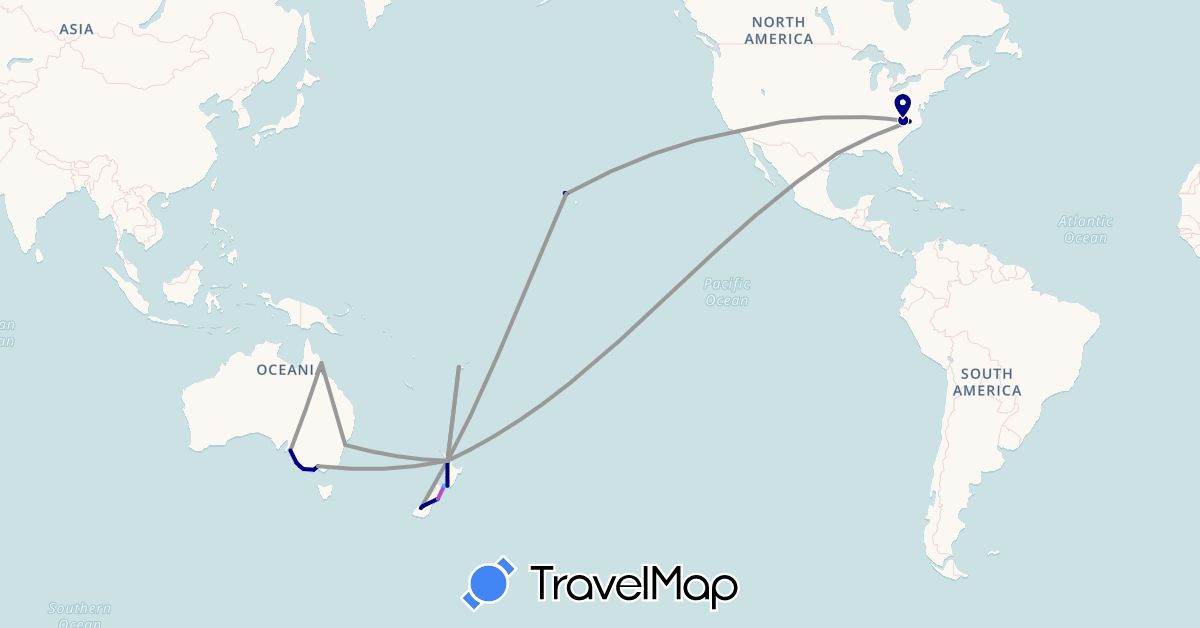 TravelMap itinerary: driving, plane, train, boat in Australia, Fiji, New Zealand, United States (North America, Oceania)